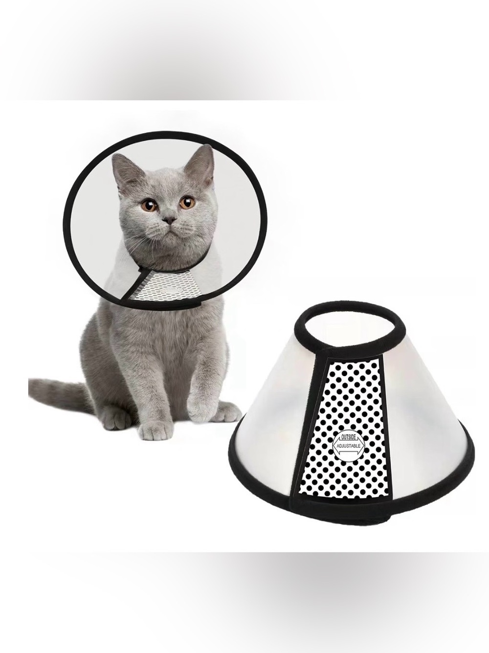 Adjustable White and Black Cat Recovery Cone - Comfortable Elizabethan Collar